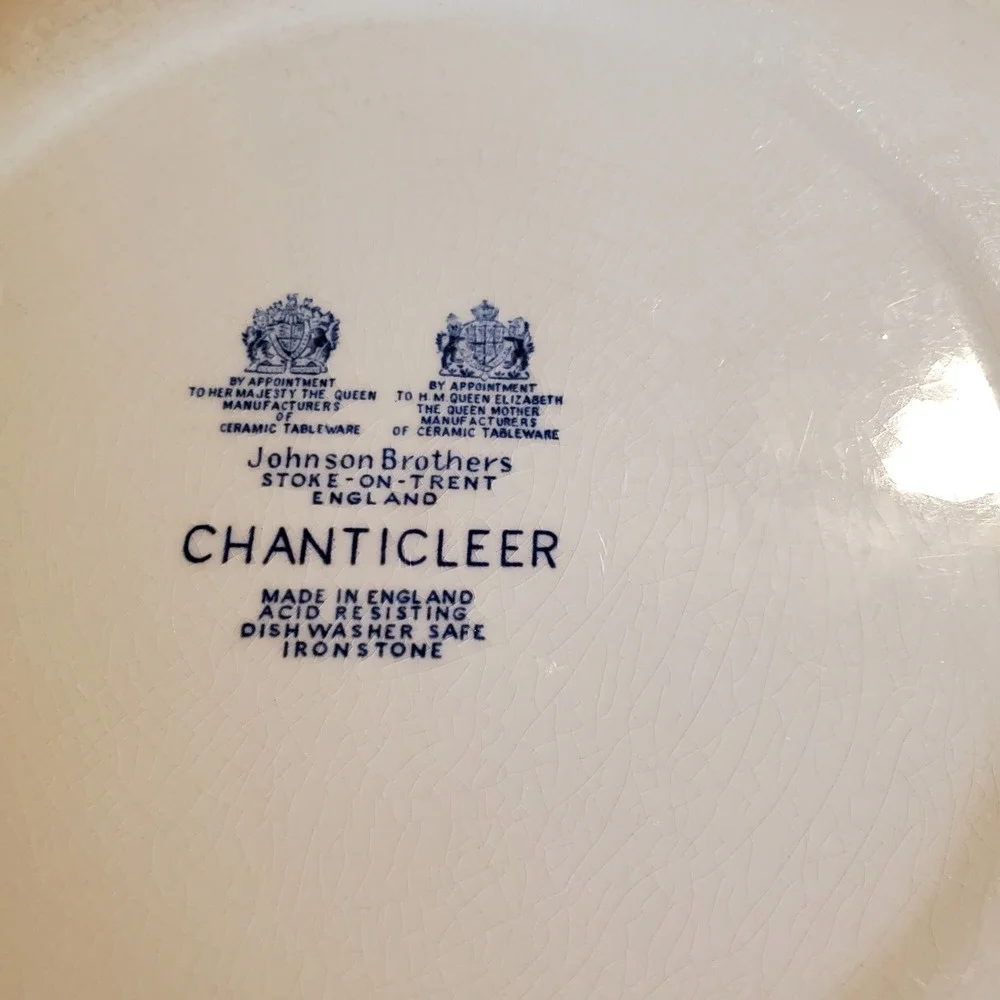 Johnson Brothers Chanticleer Blue White Rooster Ironstone 10 inch Dinner Plate